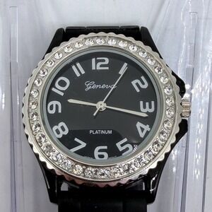 Geneva Platinum Womens Watch Black Silicone Band Rhinestone Bezel Japan Movt